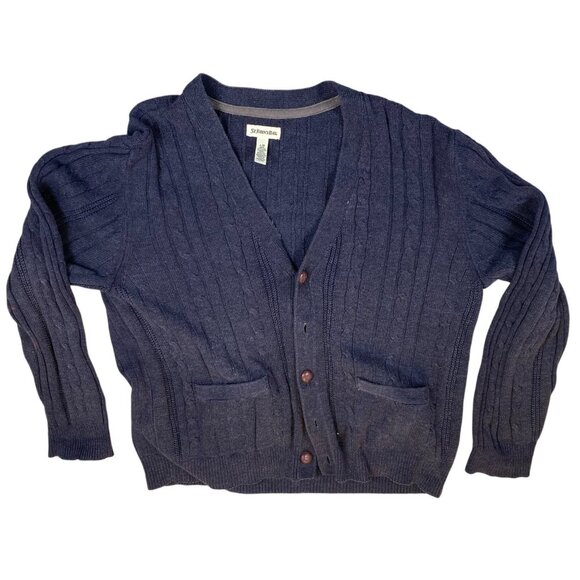 St. Johns Bay Mens Cardigan Sweater Large Button Front Cable Knit Navy Casual - Picture 1 of 10
